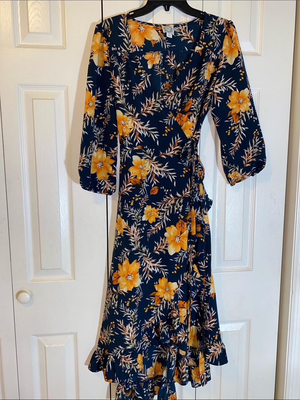 Blue Sky Navy Wrap Midi Dress with Yellow Floral Print- NWOT